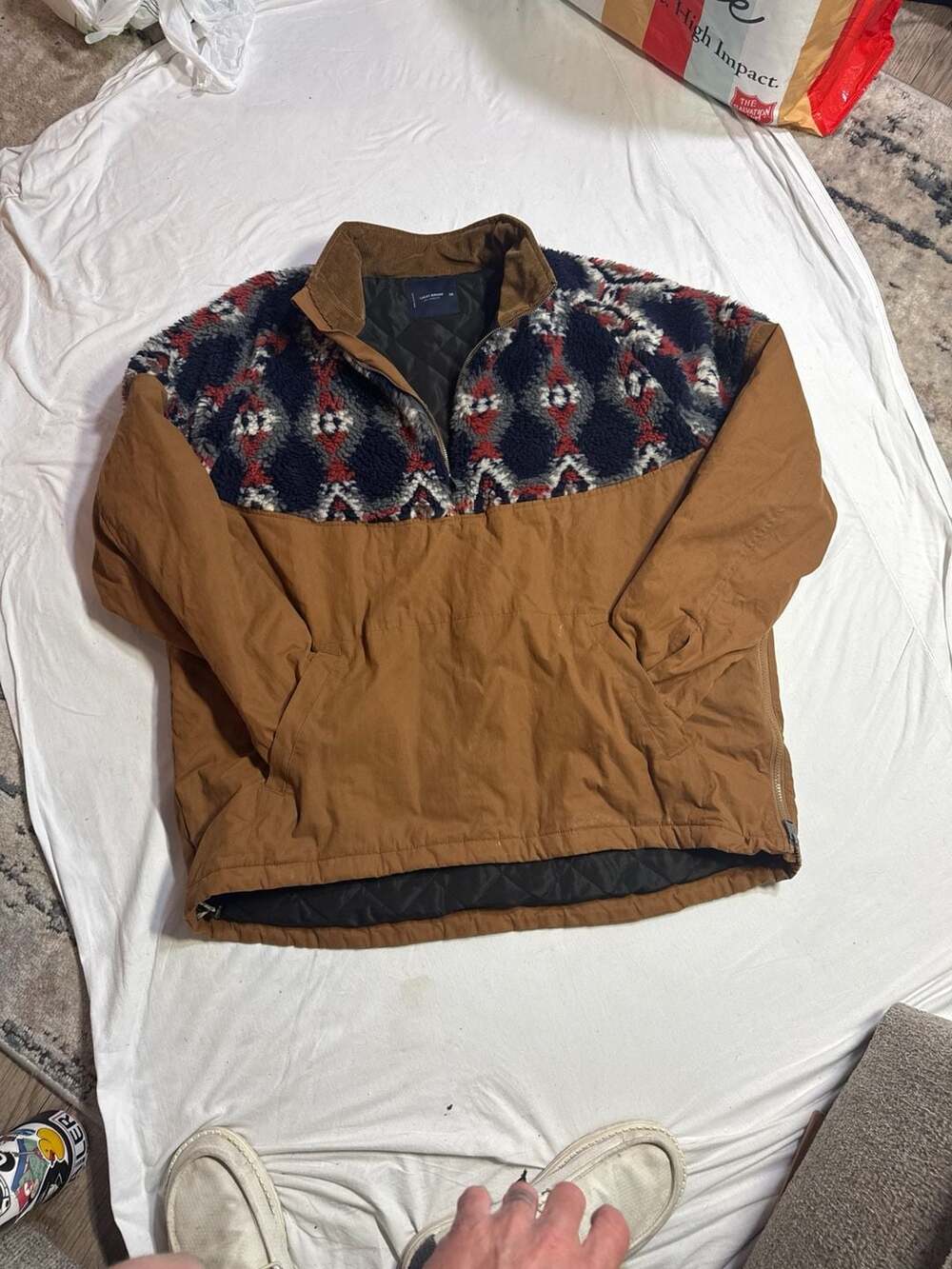 Lucky Brand Sherpa Anorak Pullover Jacket Tan Corduroy Collar Quilted size XXL